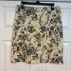 90 Y2K Floral Bird Toile Pencil Short Skirt Cream Mini Black Cotton Stretch 10 M